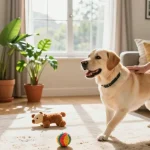 Engaging scene of rokok88 alternatif pet care with a happy dog owner and Labrador Retriever, showcasing joyful interaction.