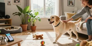 Engaging scene of rokok88 alternatif pet care with a happy dog owner and Labrador Retriever, showcasing joyful interaction.