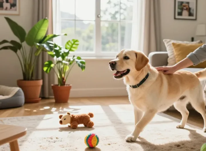 Engaging scene of rokok88 alternatif pet care with a happy dog owner and Labrador Retriever, showcasing joyful interaction.